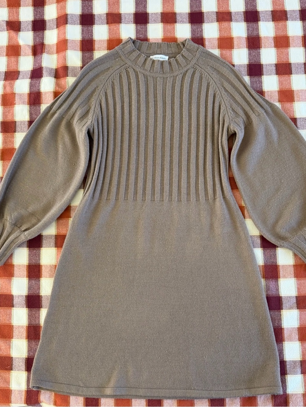 Calvin Klein Ribbed Puff Sleeve Sweater Dress Taupe Brown - Size L